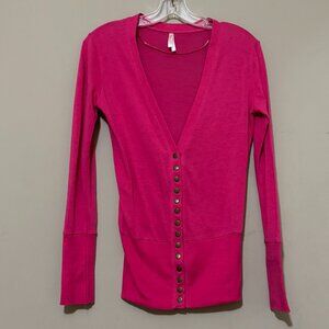 Col Story Womens Pink Button Front Long Sleeve Plunge Neck Shirt Top Sweater